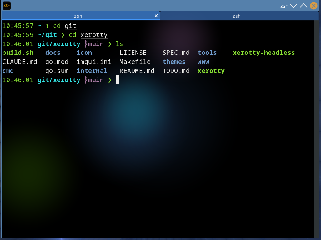xerotty running on Linux — tabs, a zsh prompt, and the animated lava-lamp glow backdrop